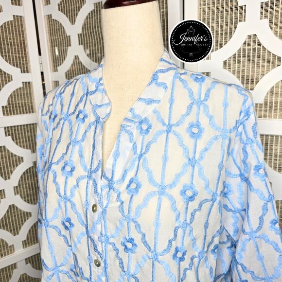 Ruby Rd. Blue & White Embroidered Trellis Pattern Button Front Blouse Size XL - Picture 2 of 14